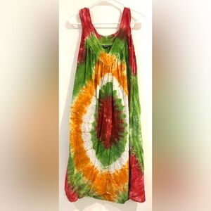 Boho Tye Dye Multicolor Embroidered Maxi Sun Dress Pockets Free Size 10% Cotton
